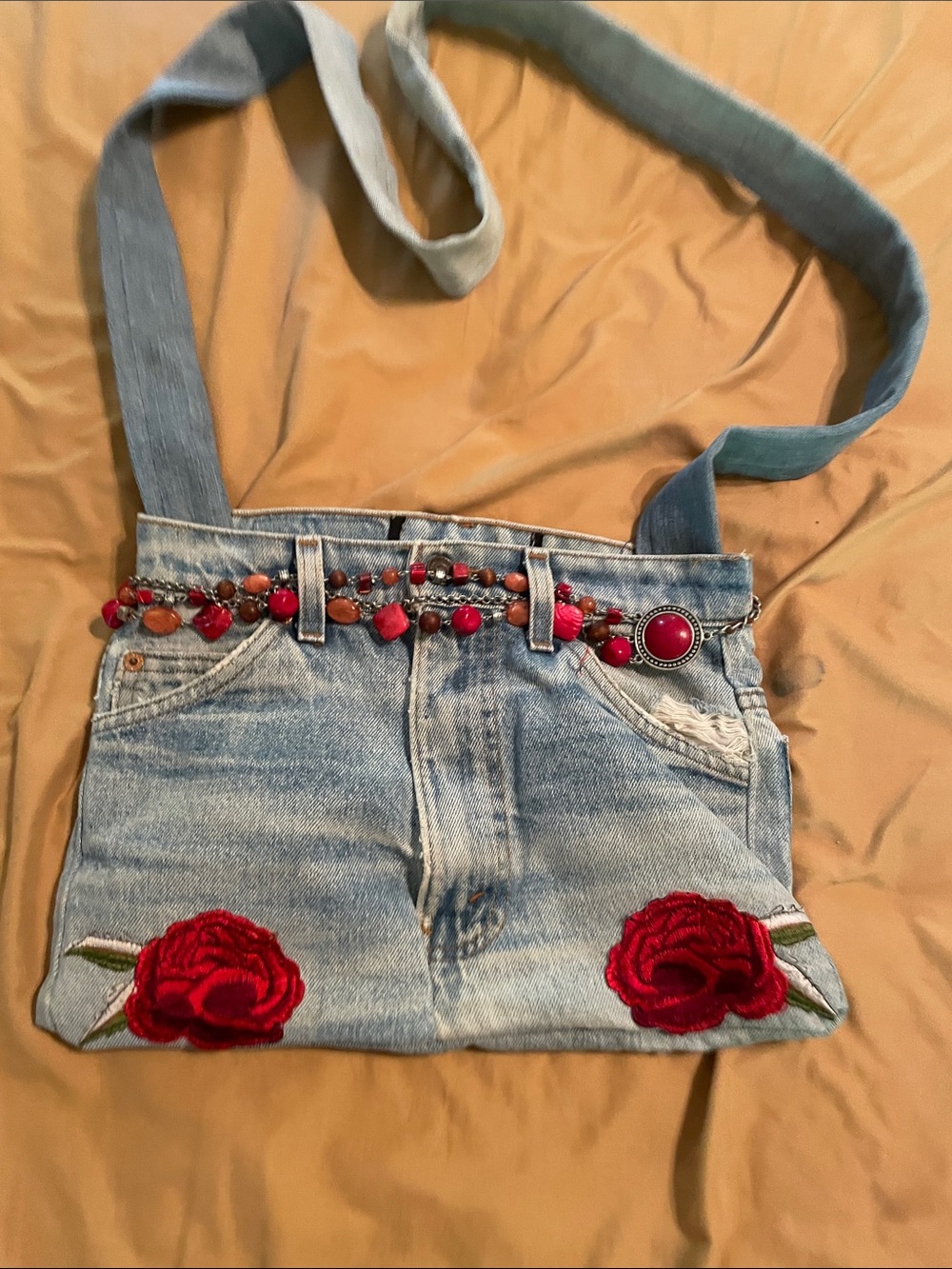 Handmade Denim Crossbody Bag with Red Rose Embroidery lined